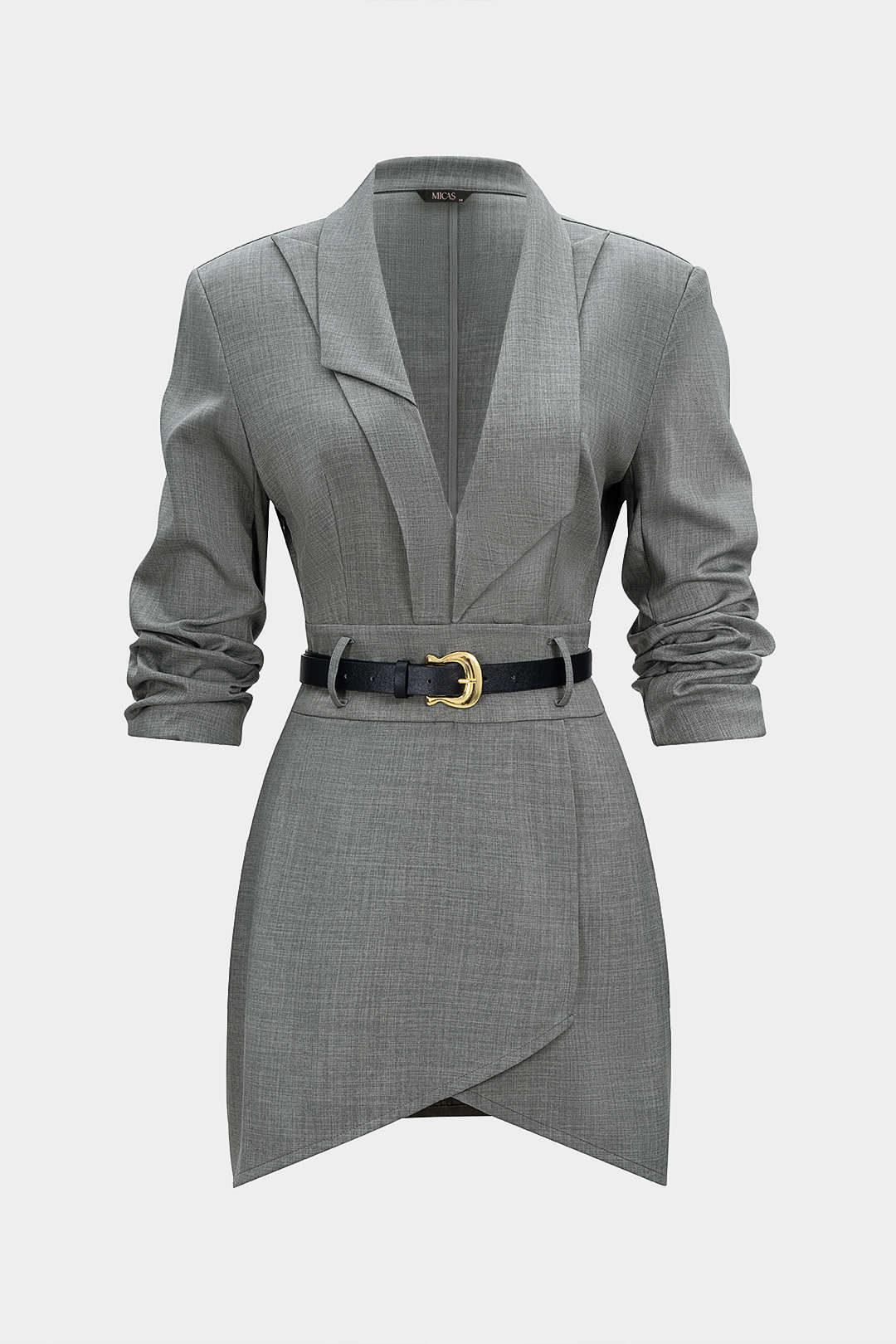 Asymmetrische minijurk met reverskraag, riem en lange mouwen