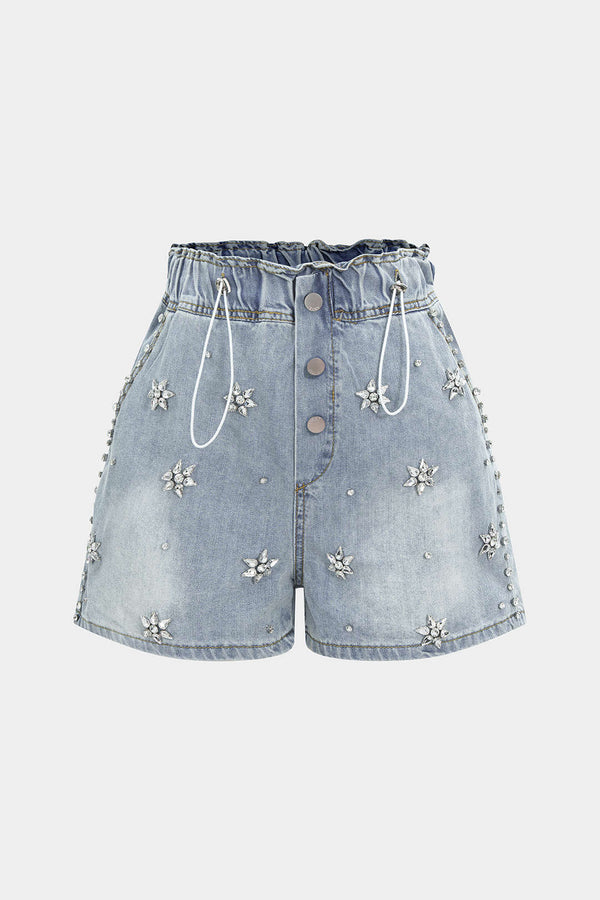 Denim short met strass en wijde pijpen