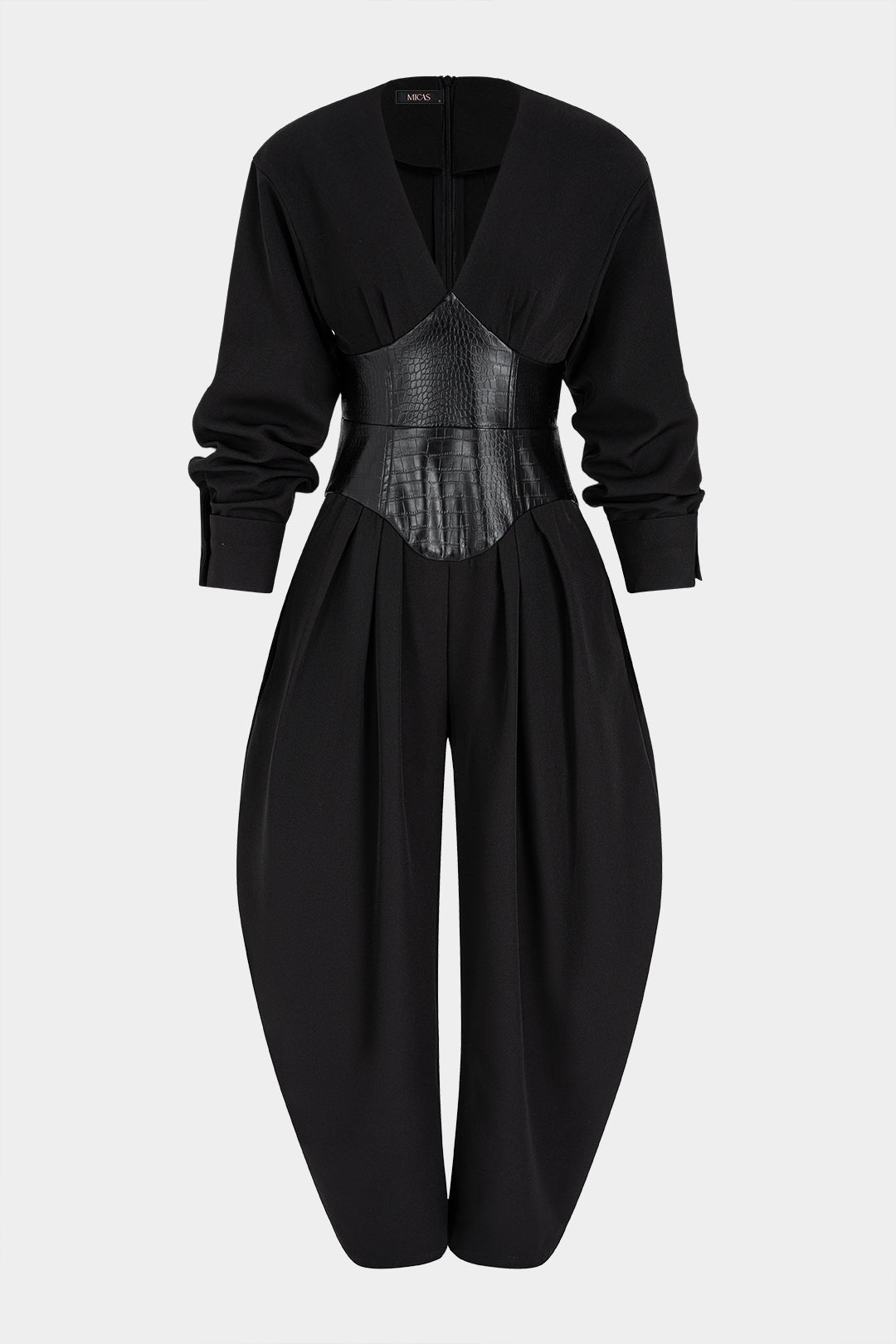 Jumpsuit met V-hals, imitatieleer en ballonpijpen