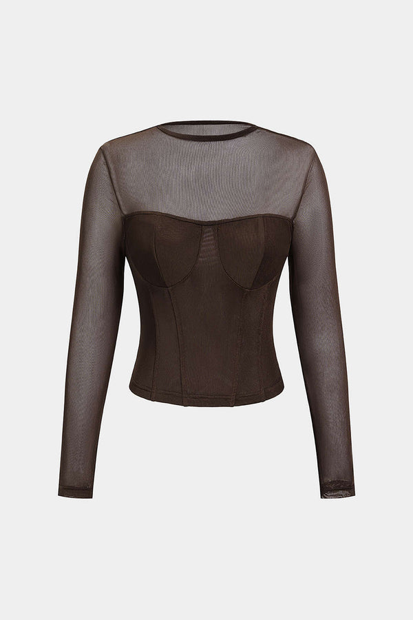 Mesh patchwork T-shirt met ronde hals en lange mouwen