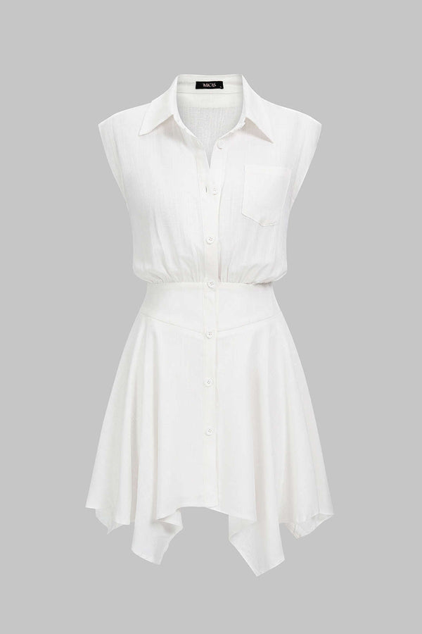 Asymmetrische mouwloze minijurk met revers en knoopjes