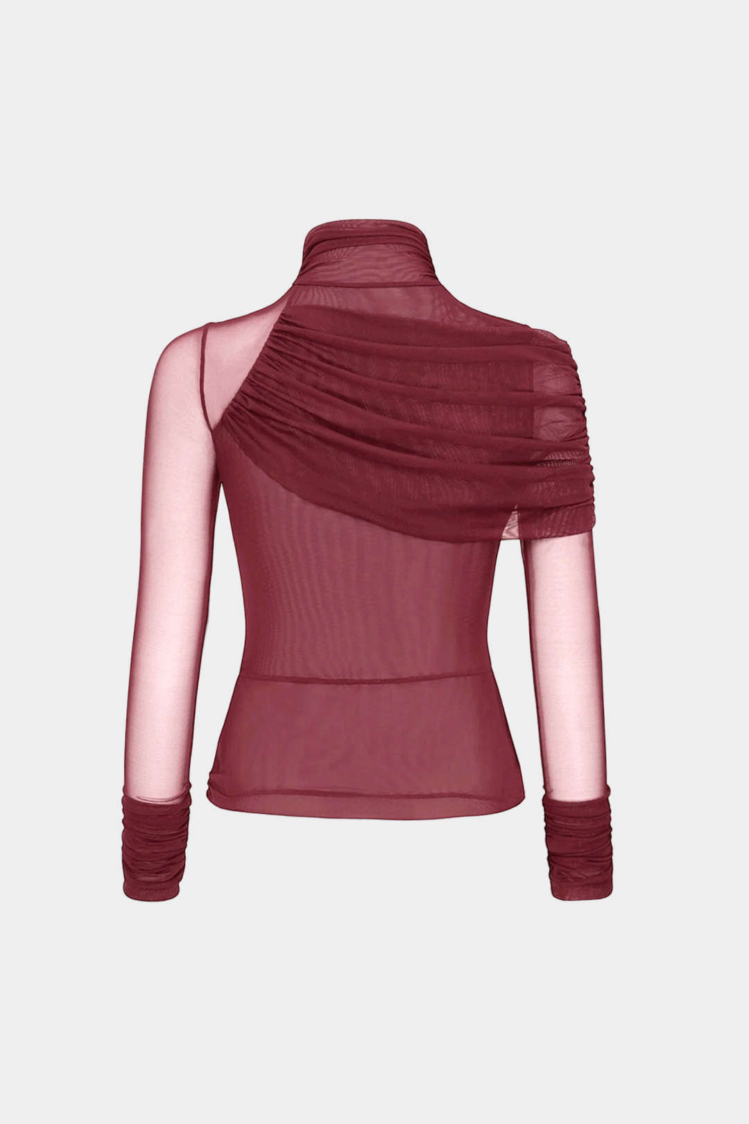 Mesh asymmetrische top met opstaande kraag en ruches