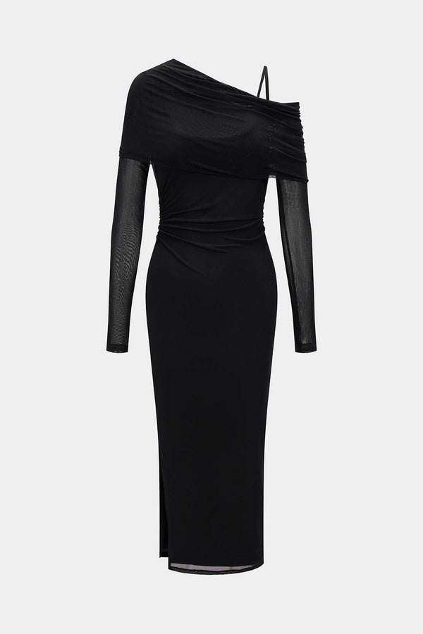 Mesh asymmetrische maxijurk met spaghettibandjes