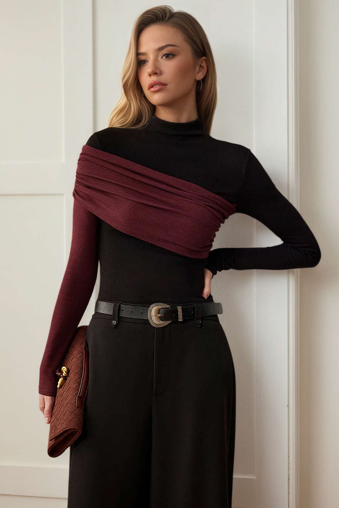 Patchwork top met ruches en lange mouwen