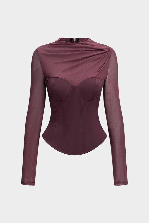 Mesh patchwork top met ruches en lange mouwen