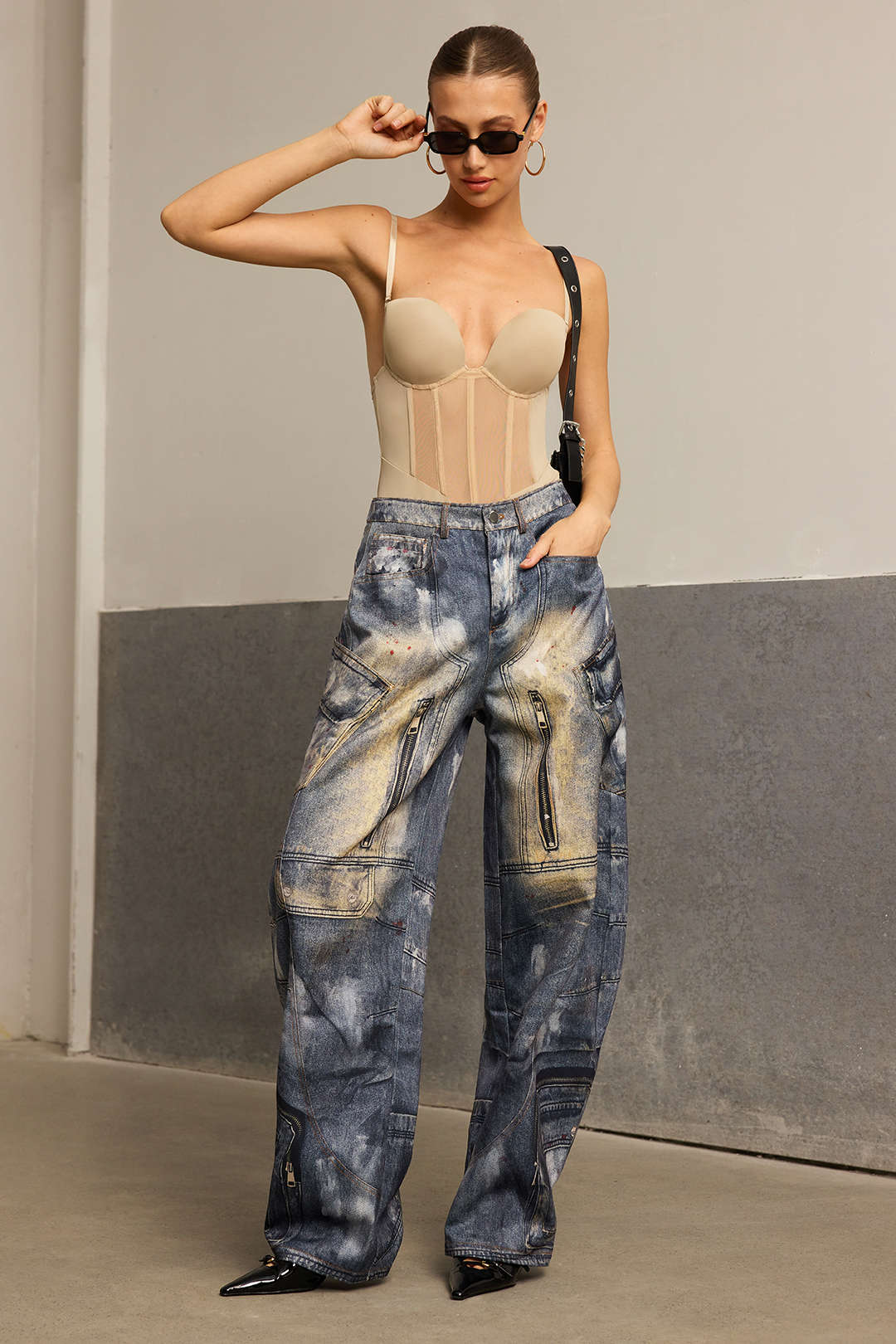 Mesh patchwork body met spaghettibandjes