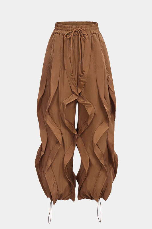 Trousers with drawstring and ruffles, wide legs