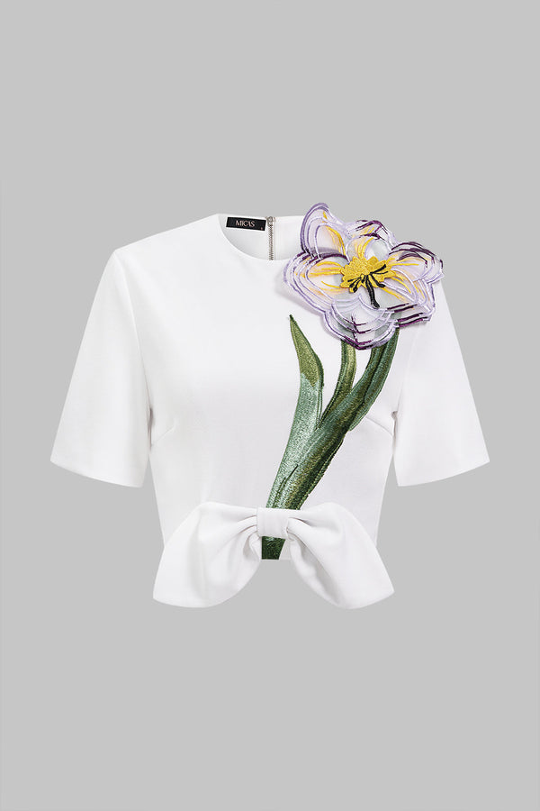 Bloemenprint blouse met strik, korte mouwen en rits