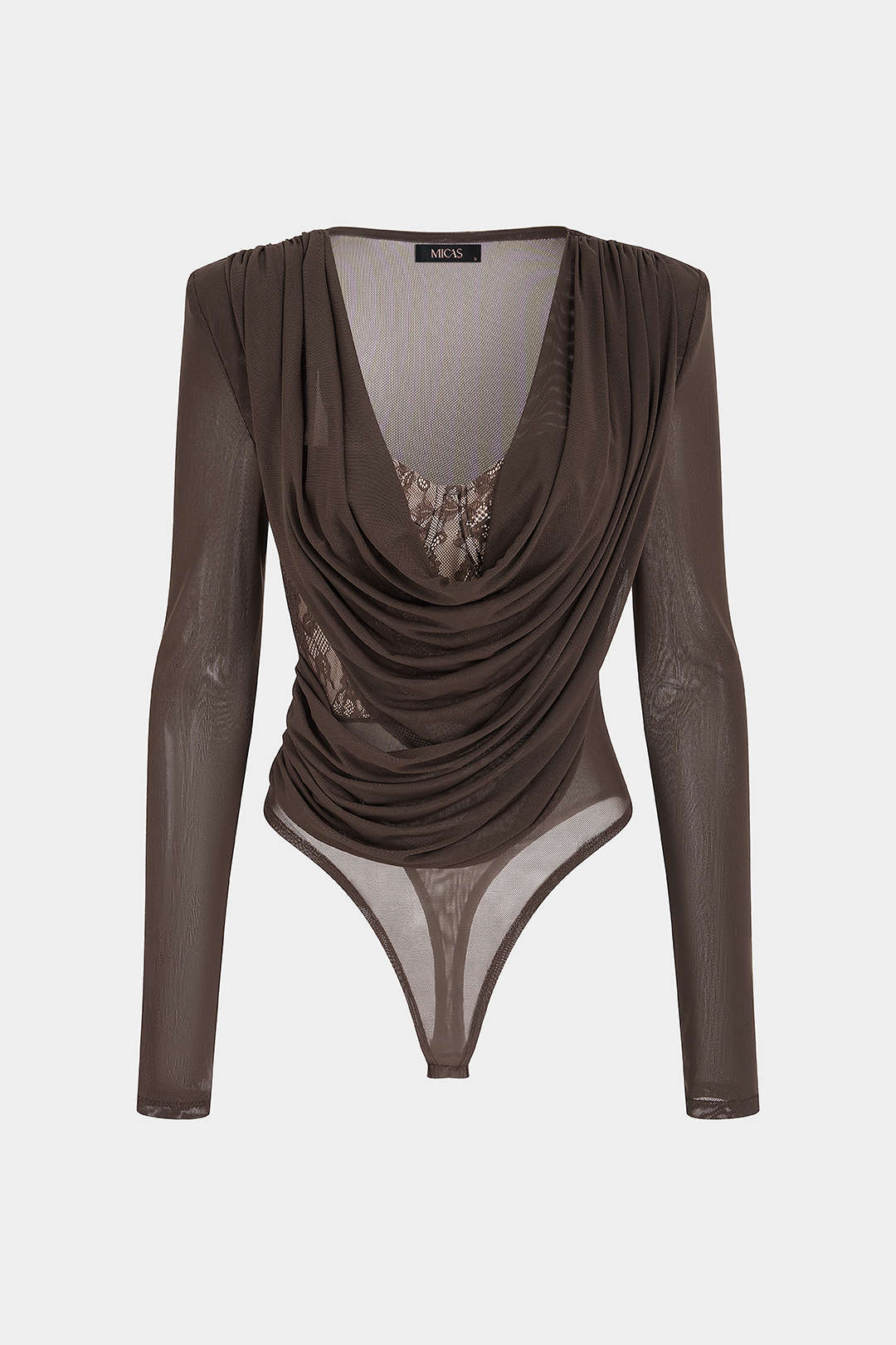 Patchwork mesh body met kant, drapering en watervalhals