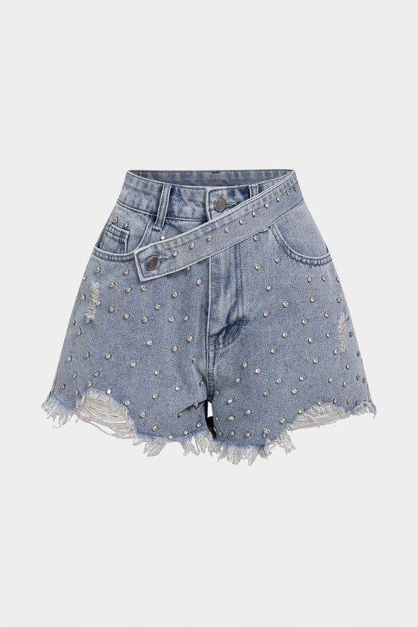 Denim ripped short met strass
