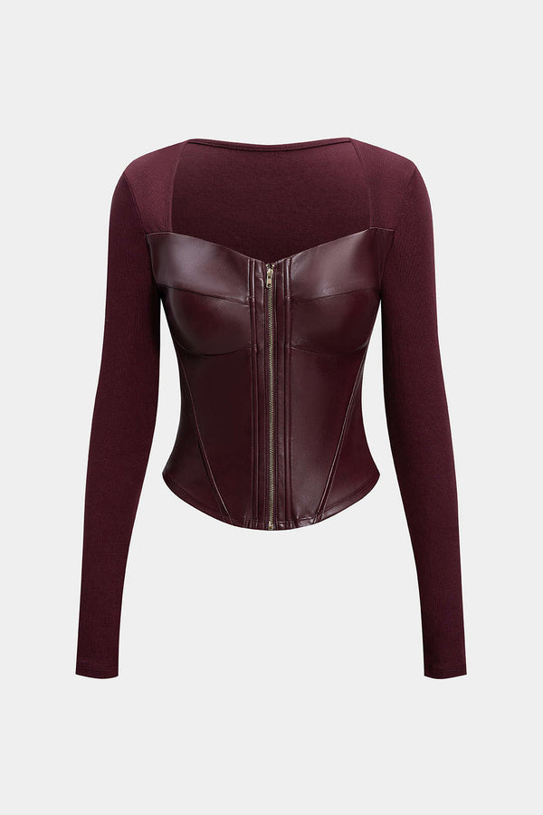 Leren-look patchwork top met rits en lange mouwen
