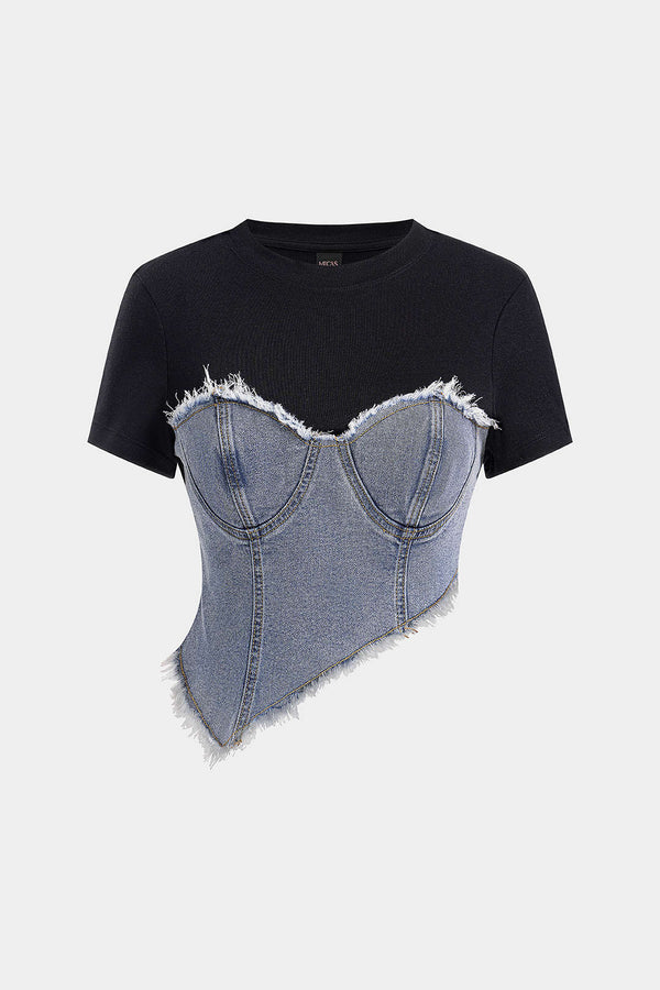 Denim patchwork T-shirt met ronde hals en korte mouwen