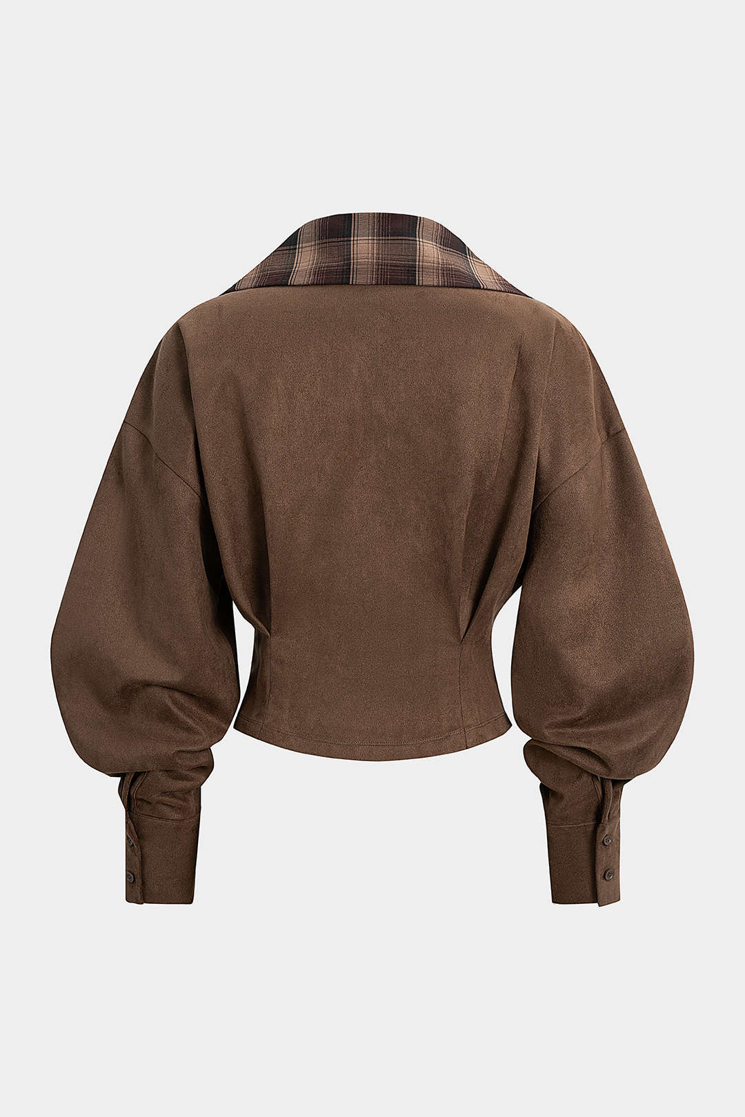Suède patchwork top met reverskraag en lange mouwen