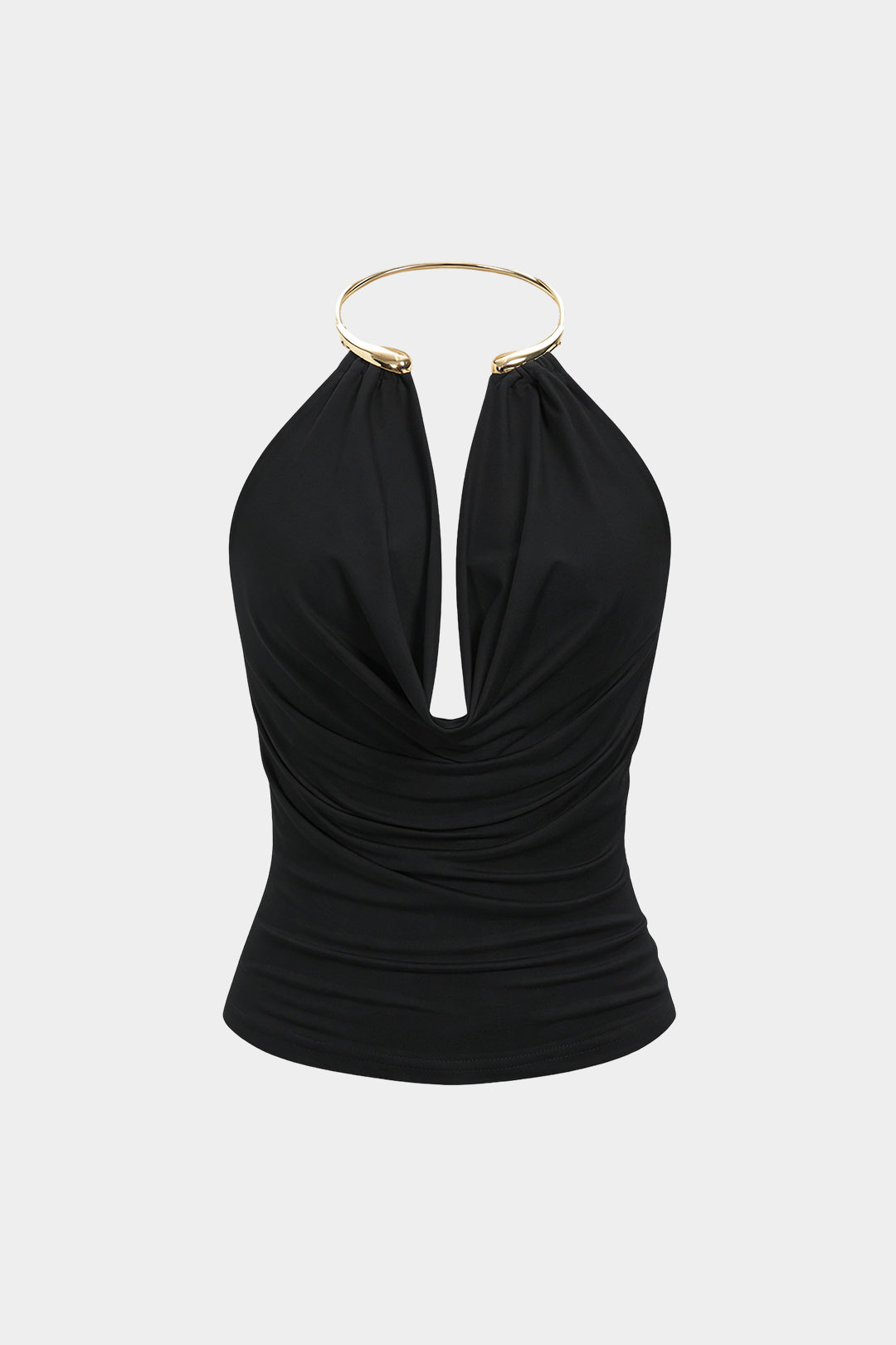 Metallic tanktop met drapering, halternek en open rug