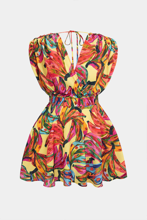Abstracte print mouwloze minijurk met V-hals en strik
