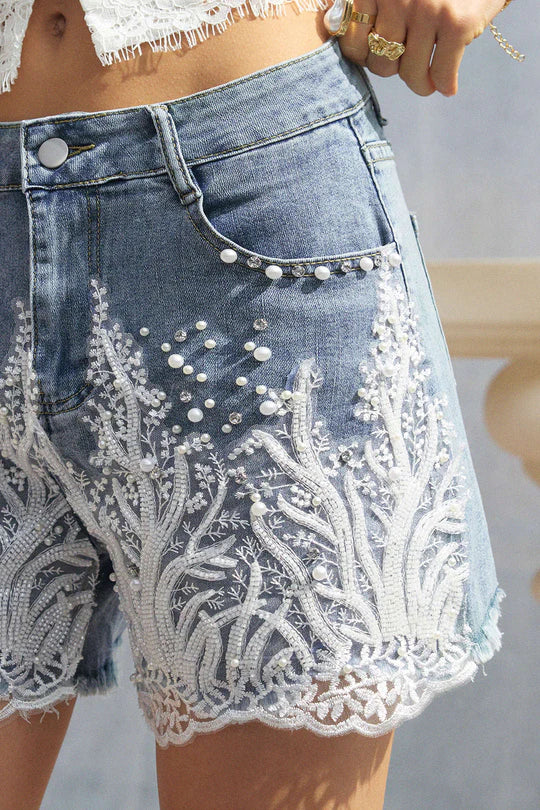 Denim Patchwork Shorts with Lace Details