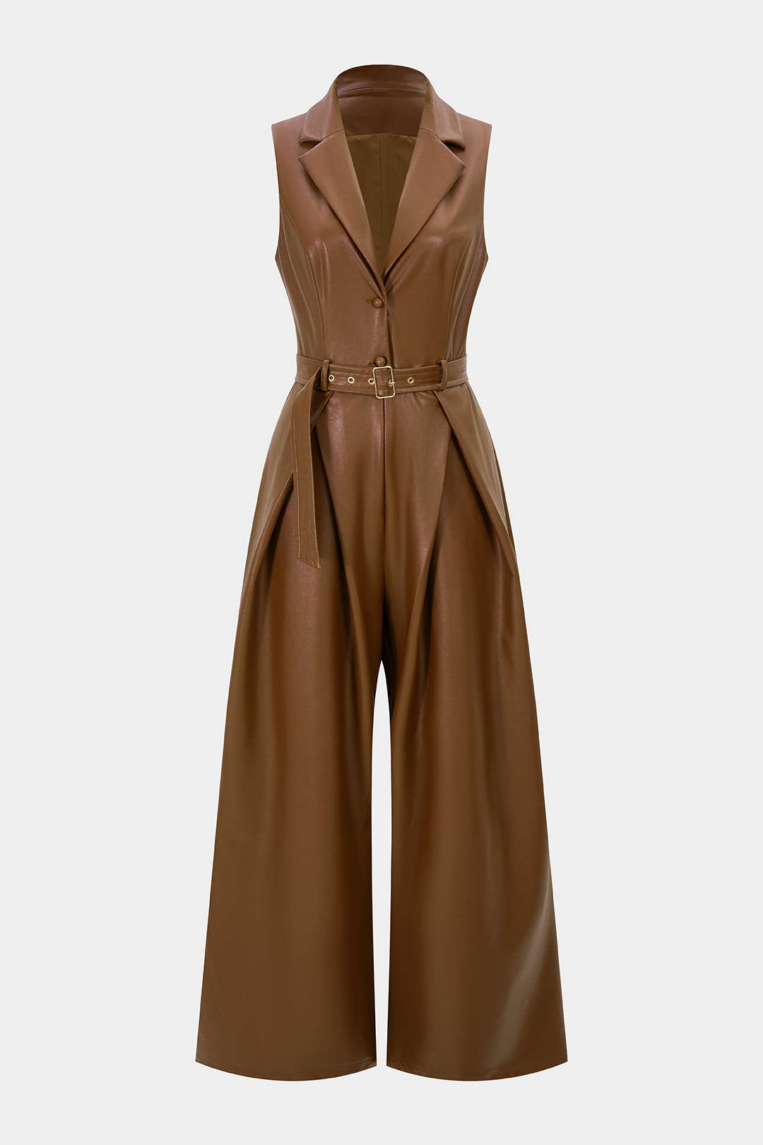 Leren-look mouwloze jumpsuit met riem