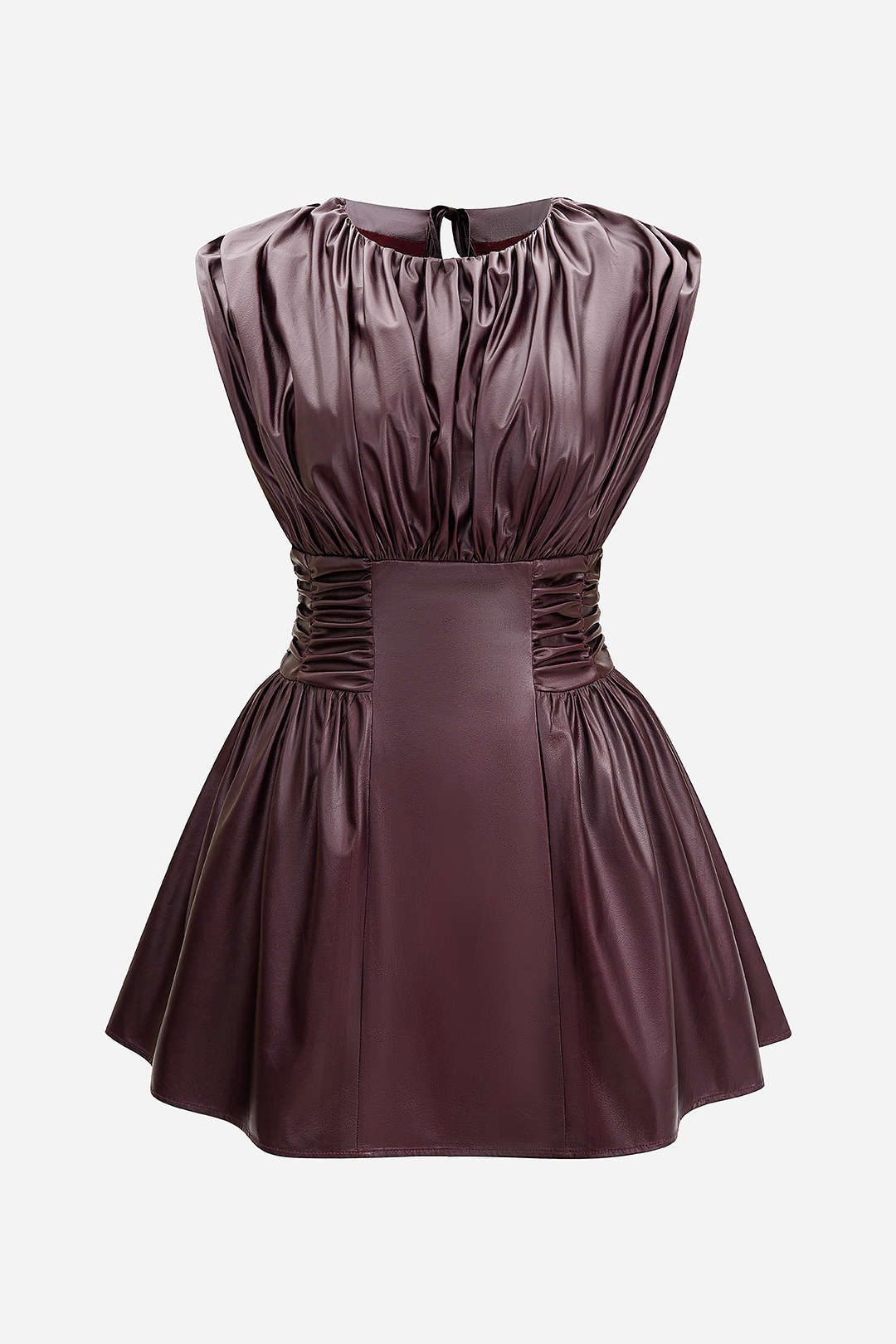 Leren-look mouwloze minijurk met open rug en ruches