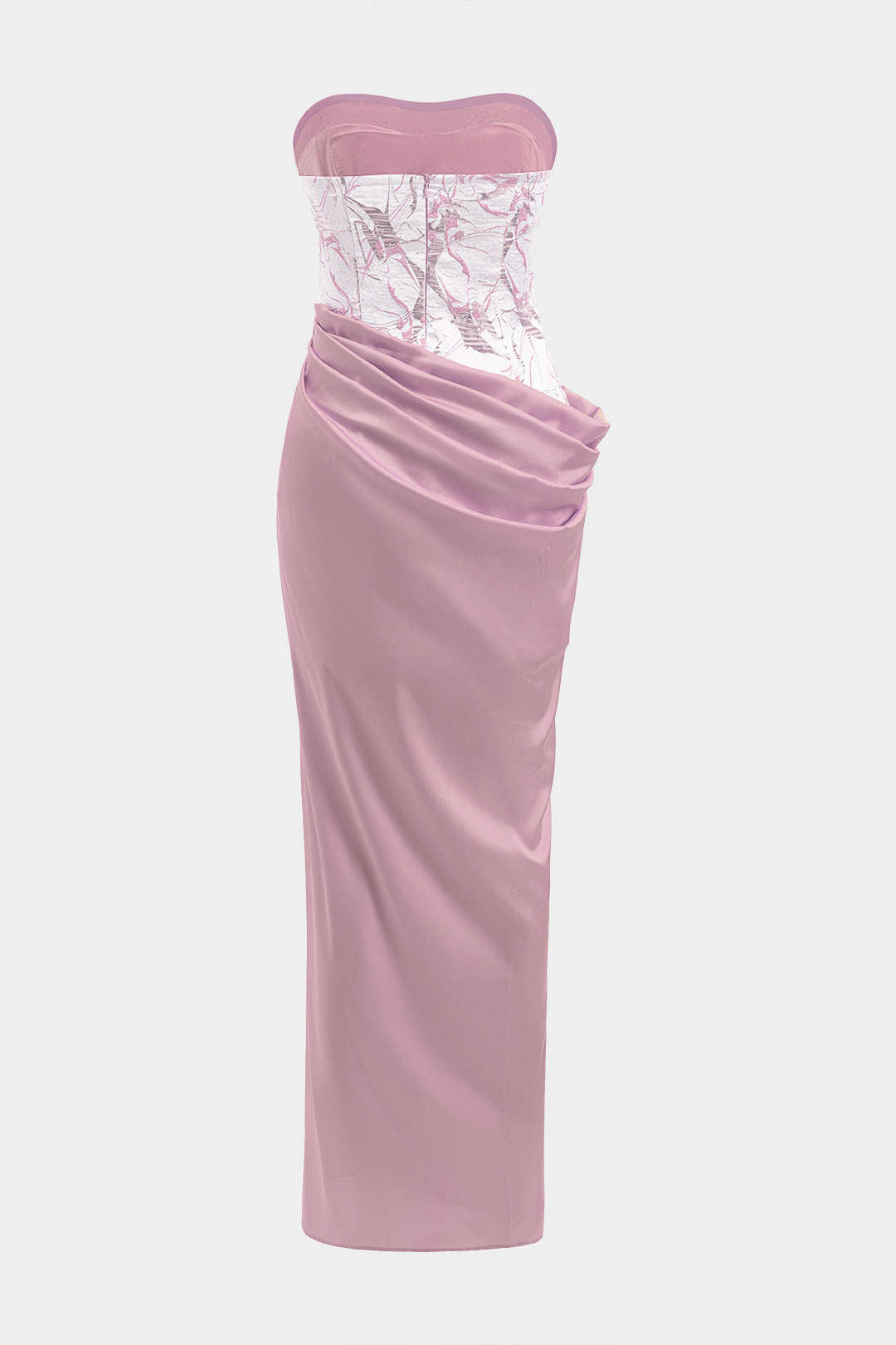 Satijnen jacquard maxijurk met ruches en strapless pasvorm