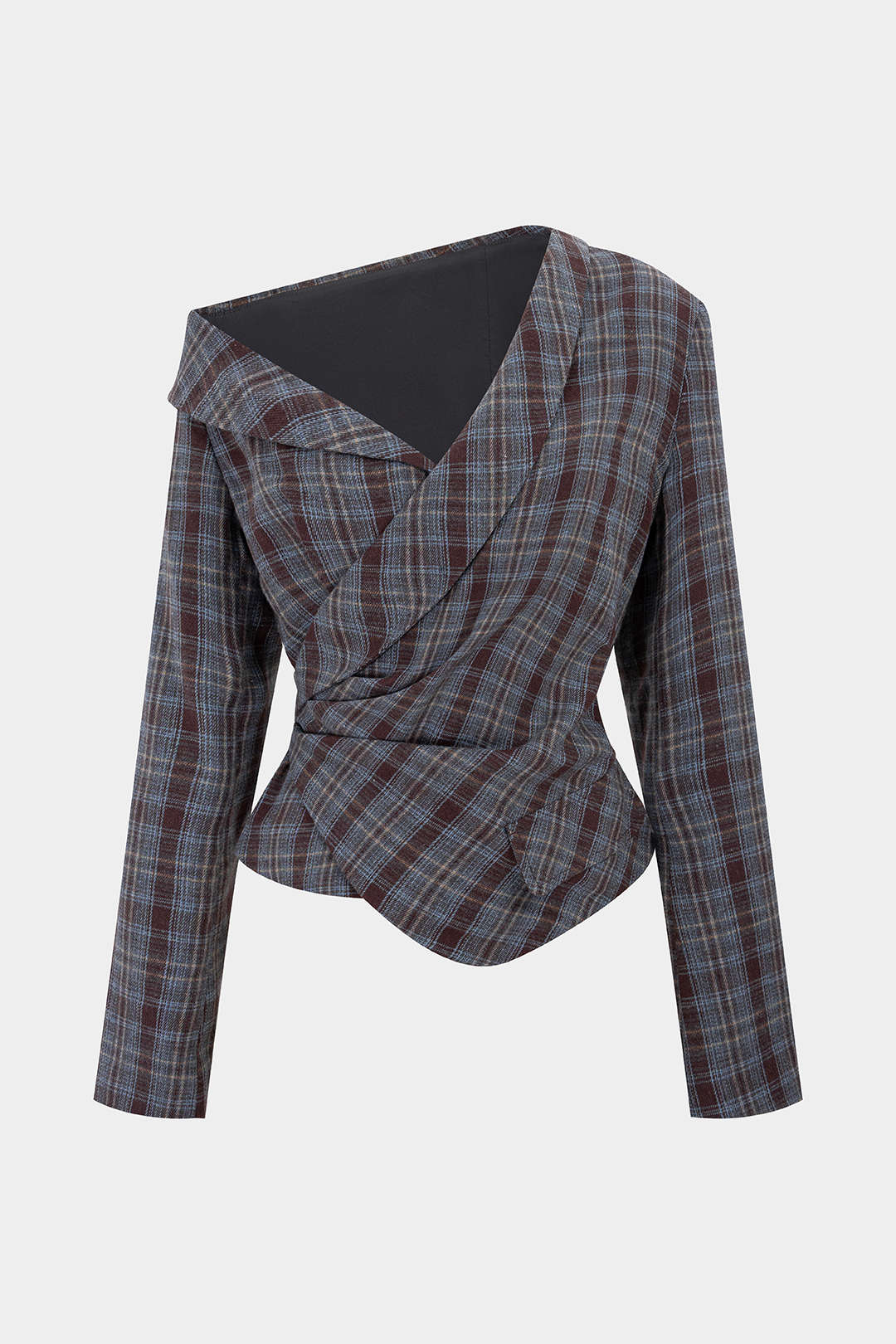 Geruite asymmetrische top met één schouder en ruches