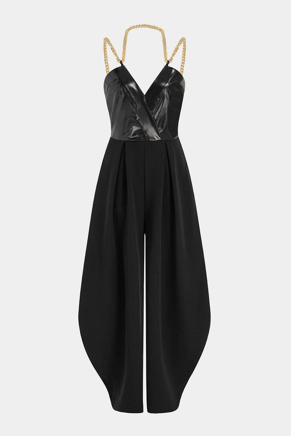Jumpsuit met imitatieleer, V-hals en metalen ketting