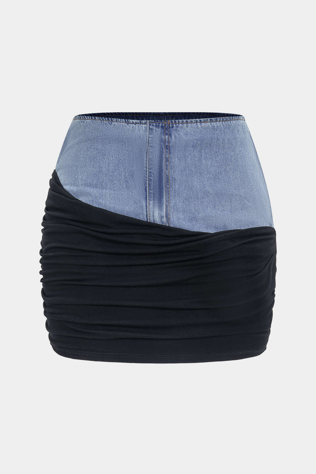 Denim patchwork rok met ruches, rits en hoge taille