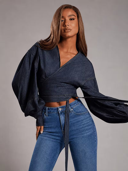 Denim Wrap Blouse with Puff Sleeves
