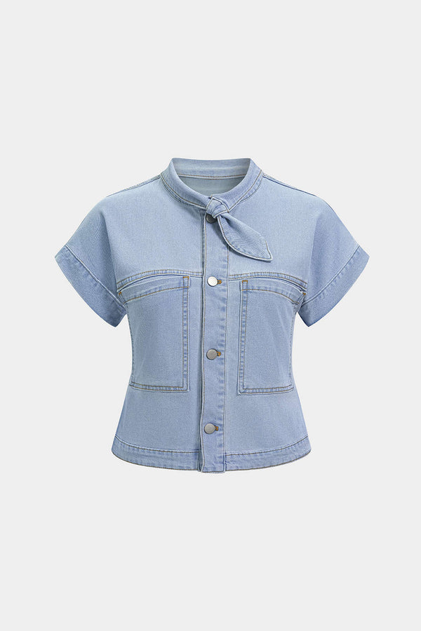 Denim blouse met strik, zakken en korte mouwen