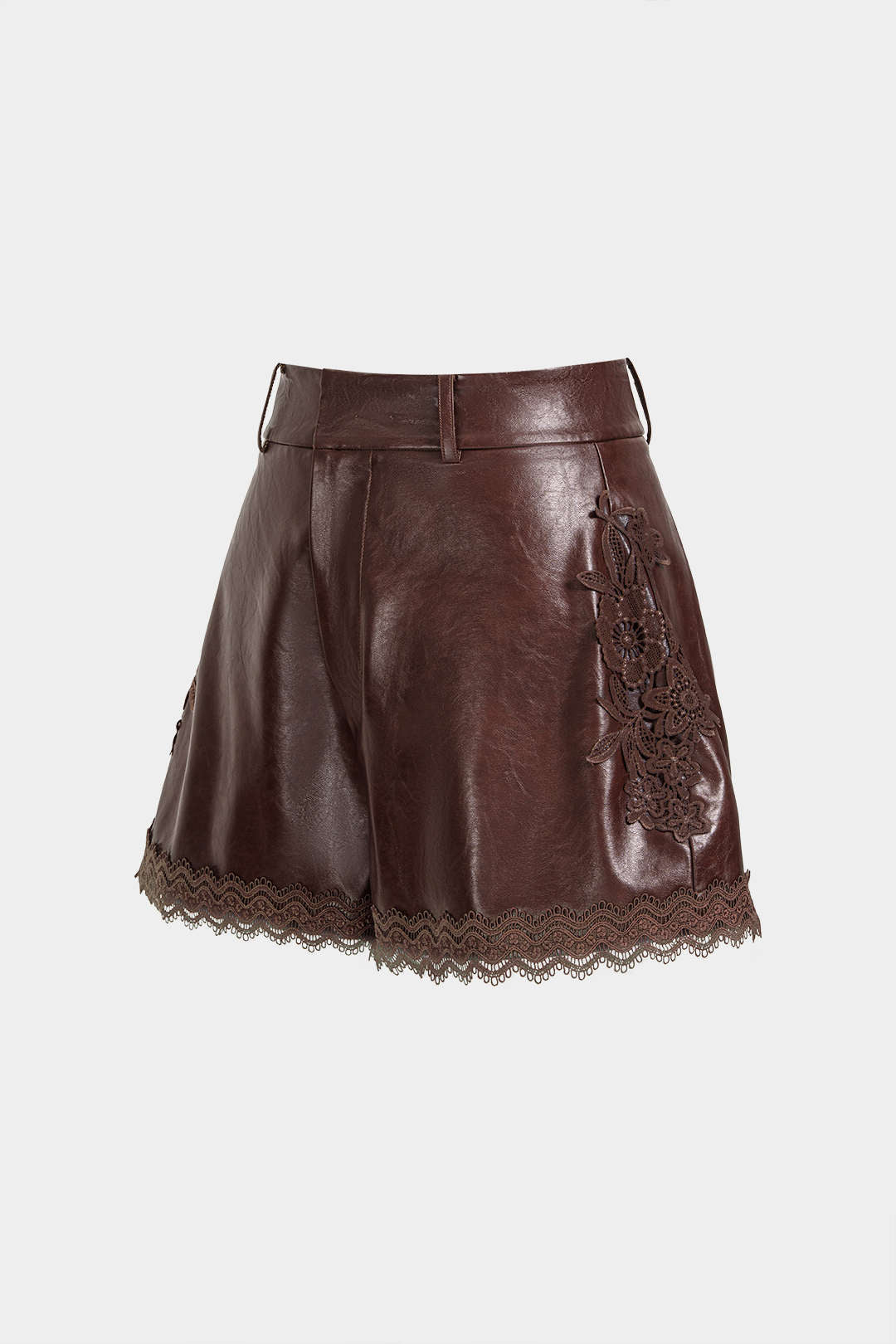 Leren-look patchwork short met kanten rand en hoge taille