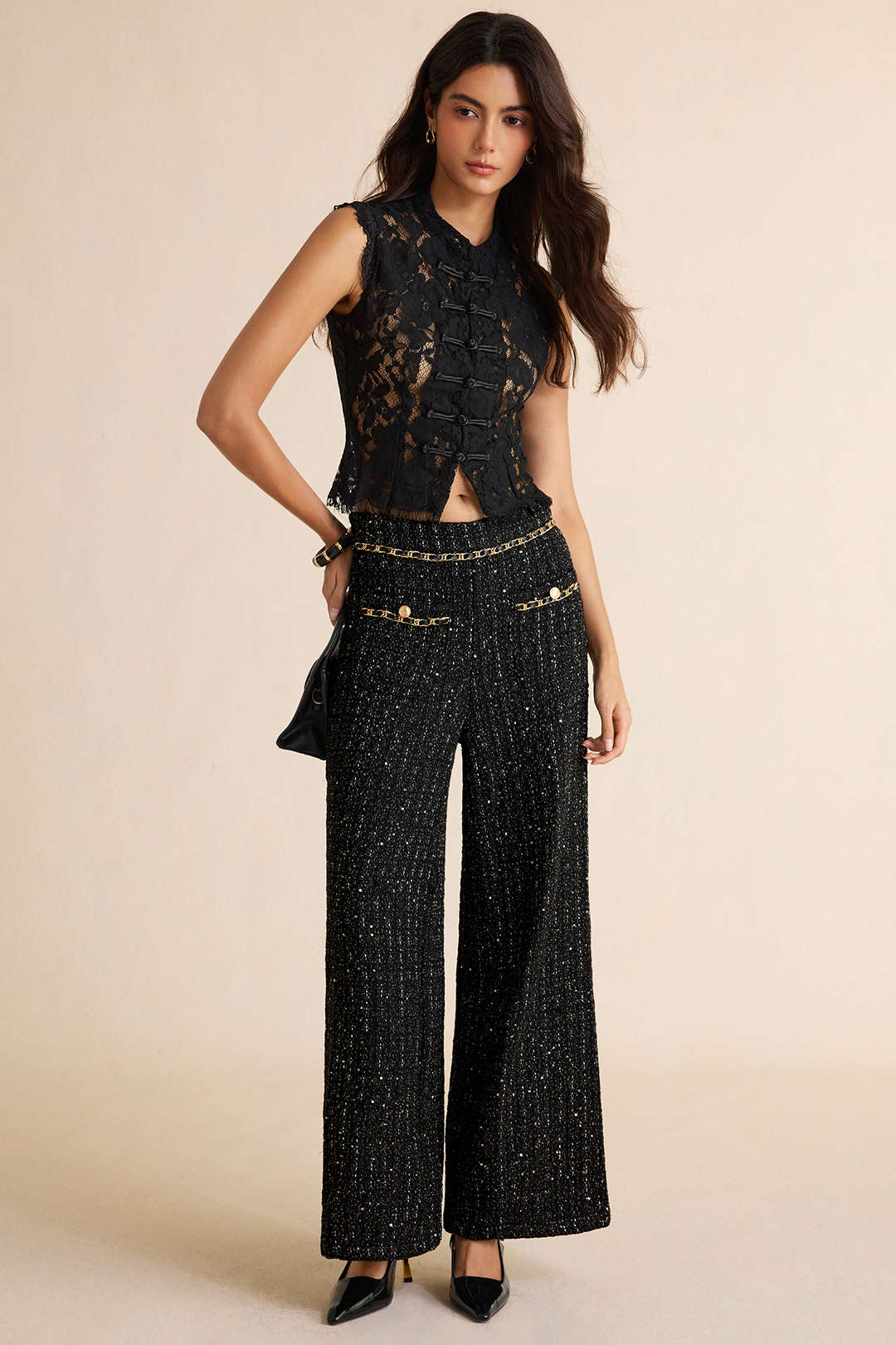 Tweed broek met pailletten en rechte pijp