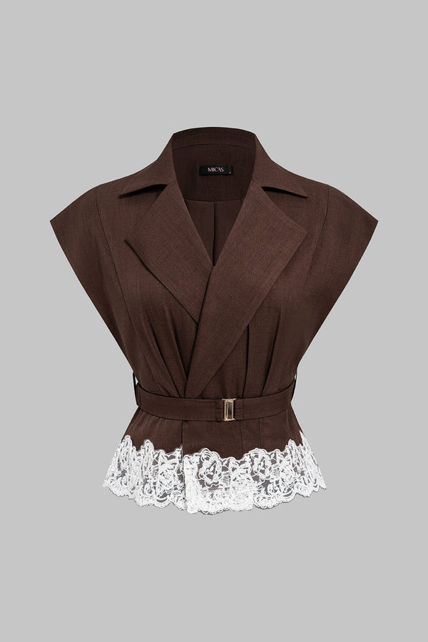 Patchwork gilet met kant, reverskraag en riem