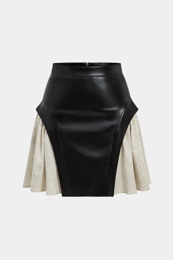 Colorblock leren-look rok met ruches en rits