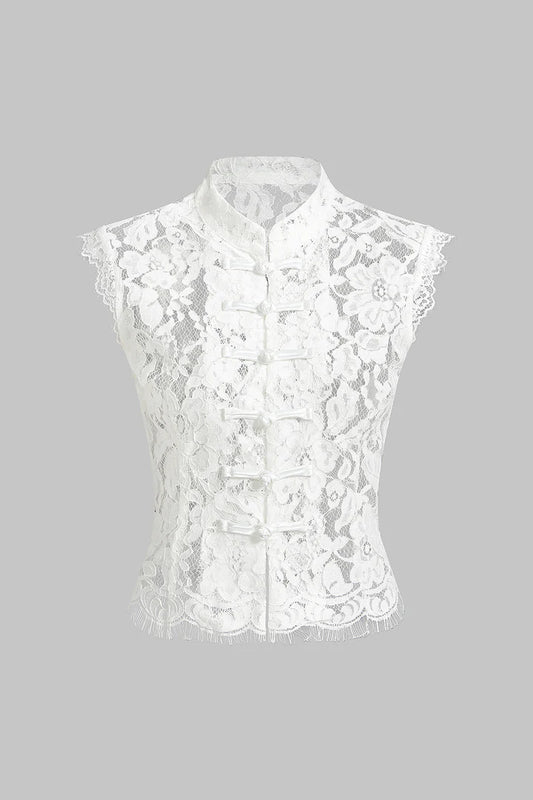 Lace tank top with a high neck and button fastening