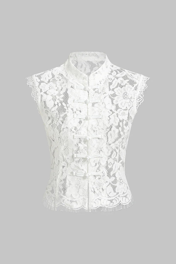 Lace tank top with a high neck and button fastening