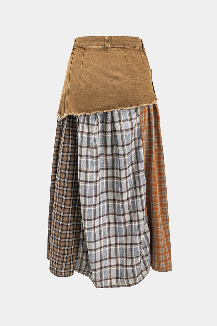 Asymmetrical denim skirt with color blocks and plaid print