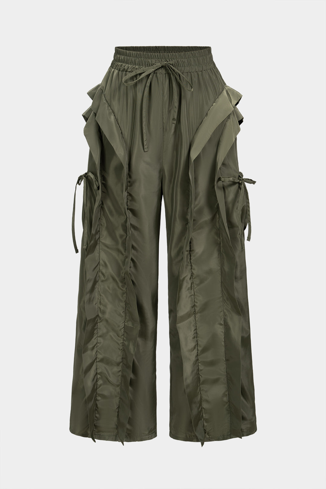 Satijnen broek met volants, strik en rechte pijp