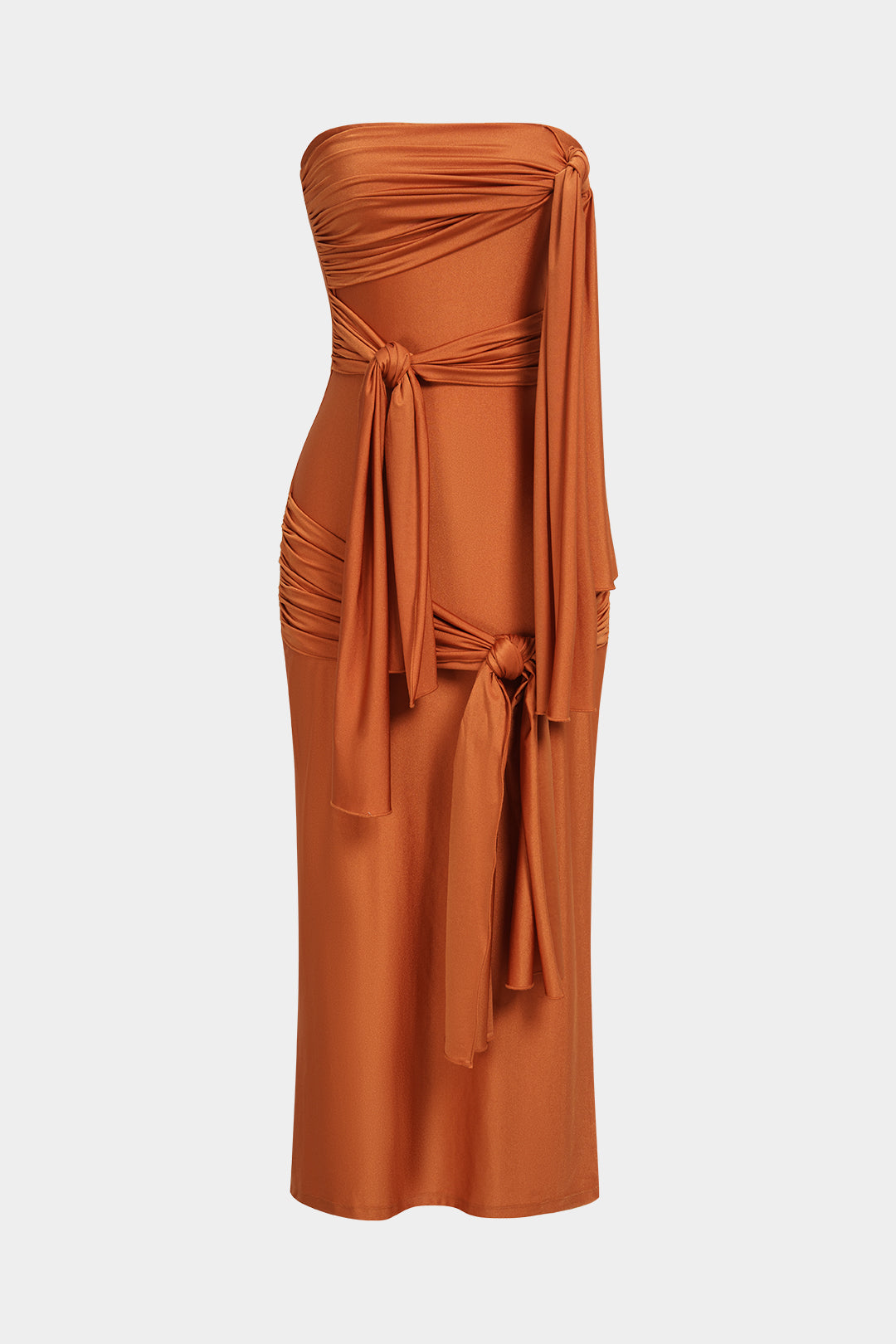 Effen asymmetrische maxijurk met knoopdetail en ruches