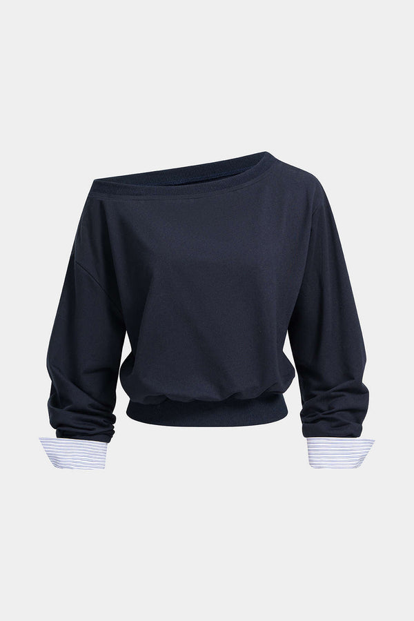 Patchwork gestreepte sweater met één schouder