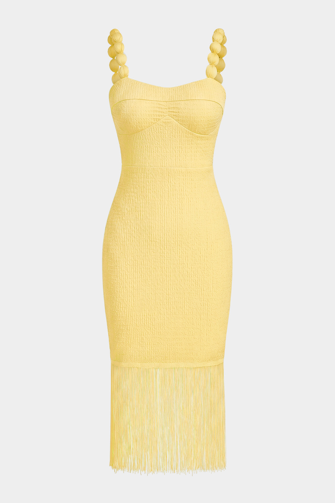 Mouwloze midijurk met franjes en spaghettibandjes