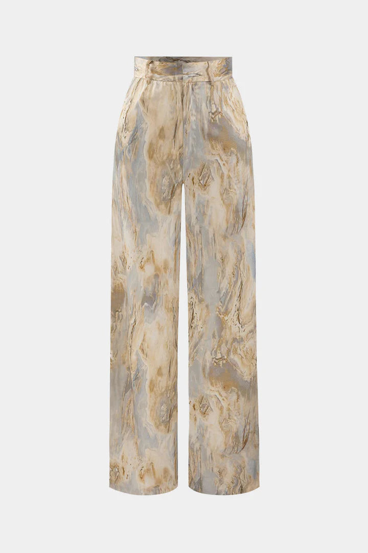 Trousers with marble print, high waist, long and straight legs