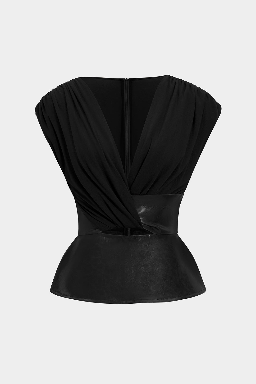 Leren-look patchwork top met ruches, rits en korte mouwen