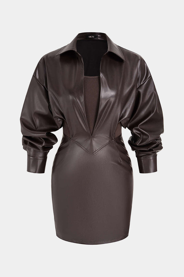 Leren-look minijurk met revers en lange mouwen