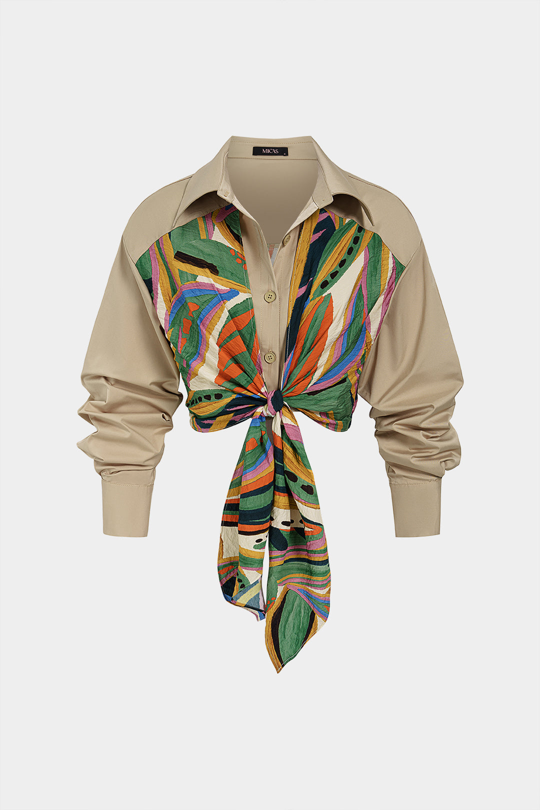 Patchwork blouse met strik en lange mouwen