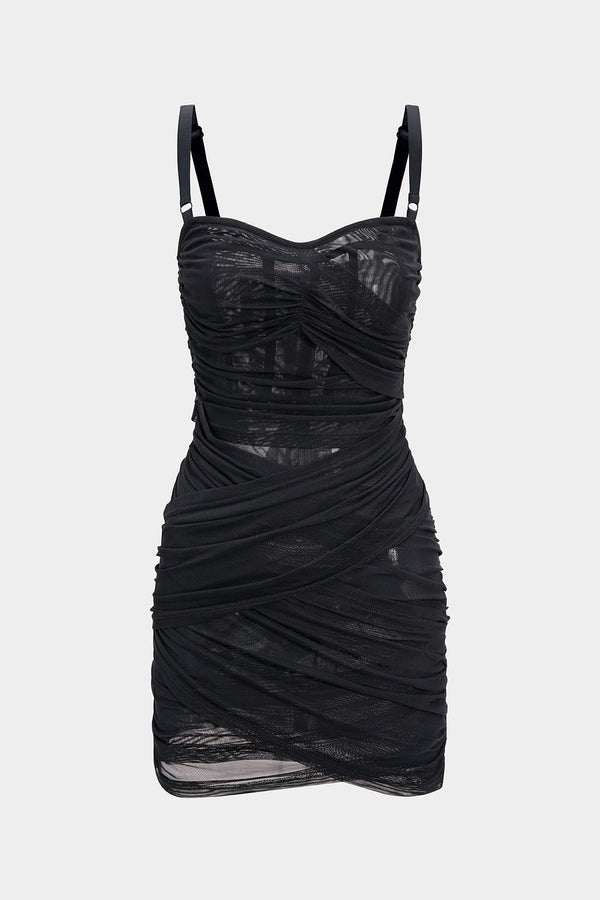 Asymmetrische mesh minijurk met ruches