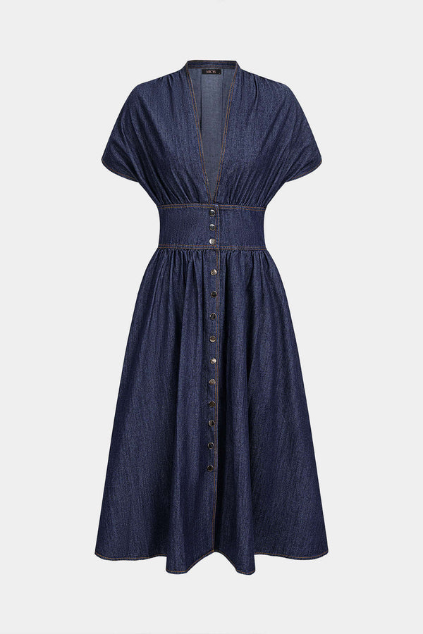 Denim maxijurk met V-hals, ruches en knoopjes