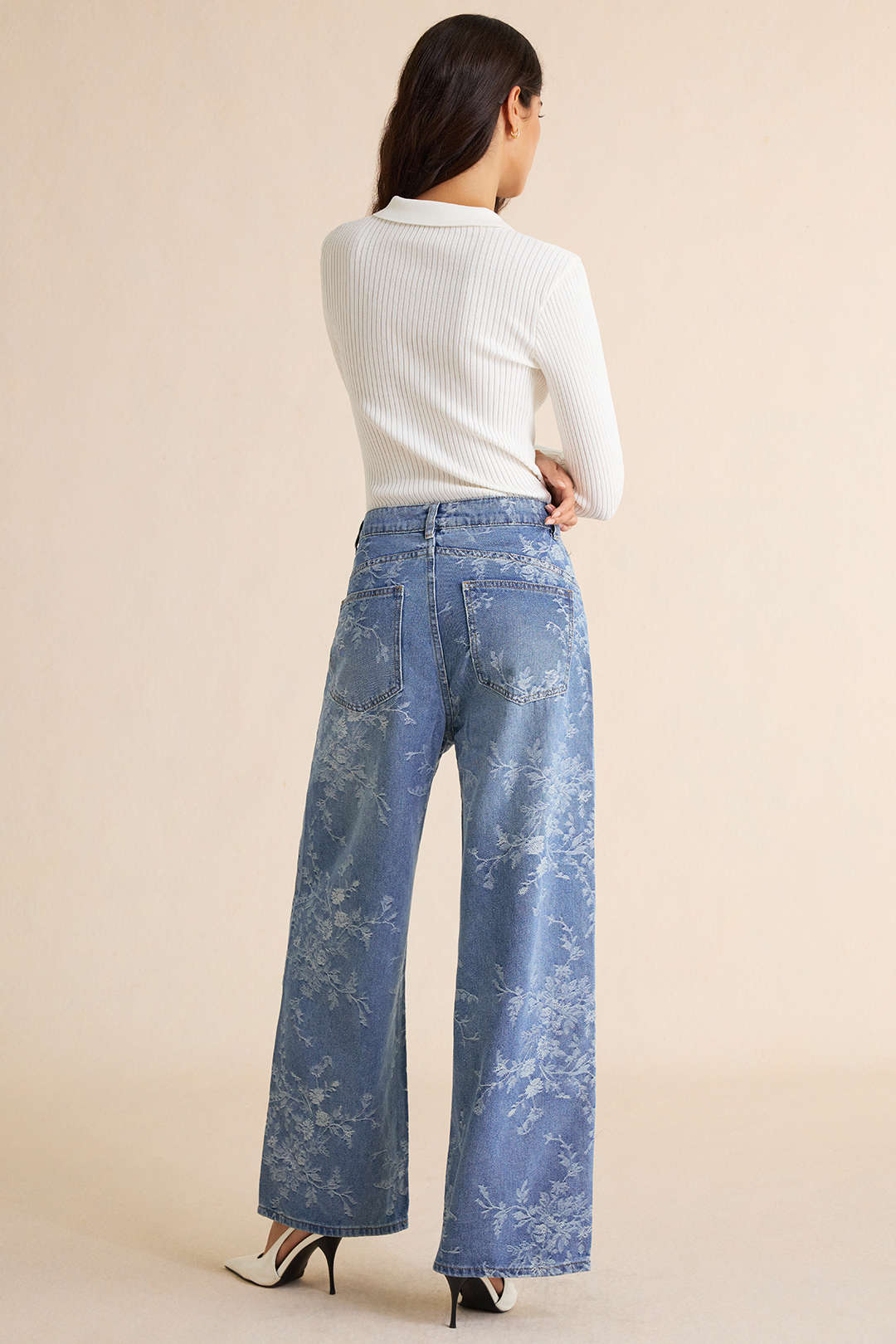 Jacquard jeans met wijde pijpen
