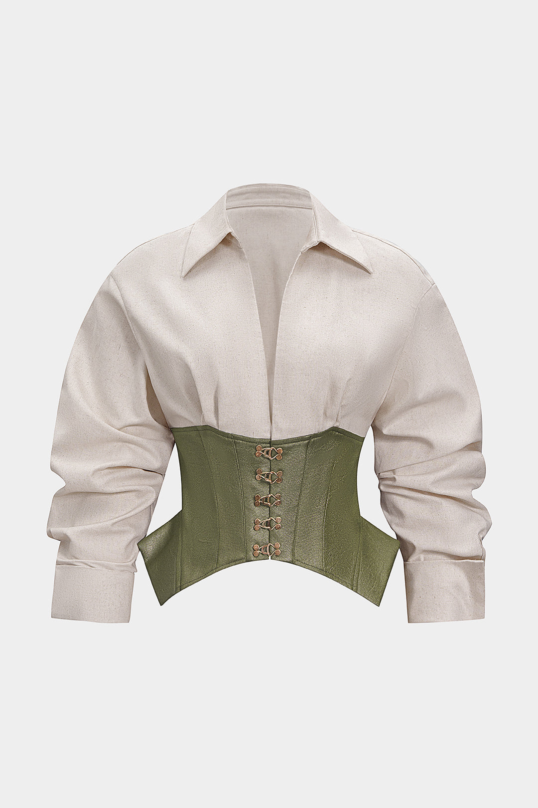 Linnen patchwork blouse met gesp en lange mouwen