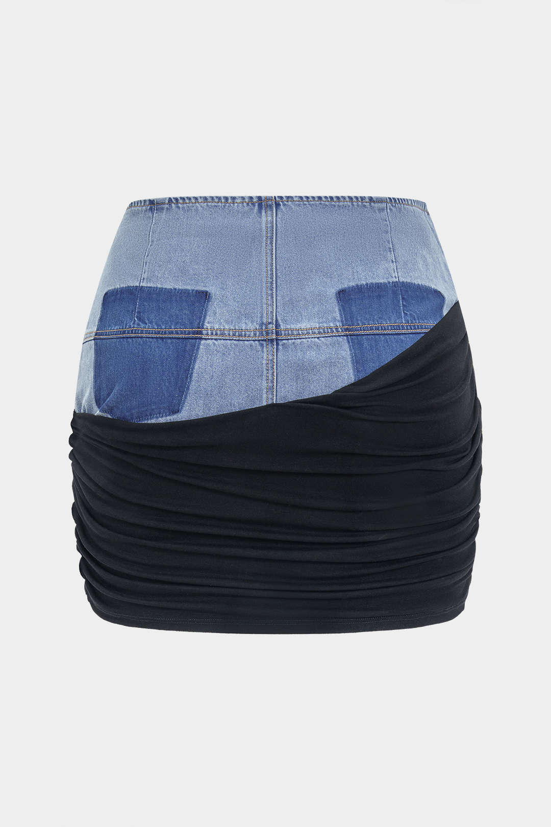Denim patchwork rok met ruches, rits en hoge taille
