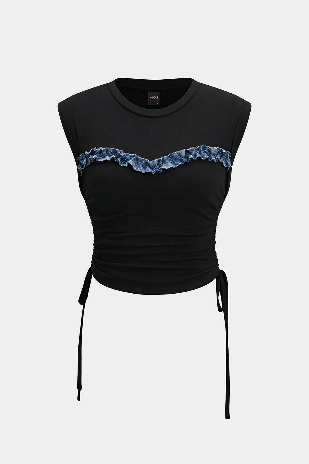 Patchwork T-shirt met ronde hals, strik en korte mouwen