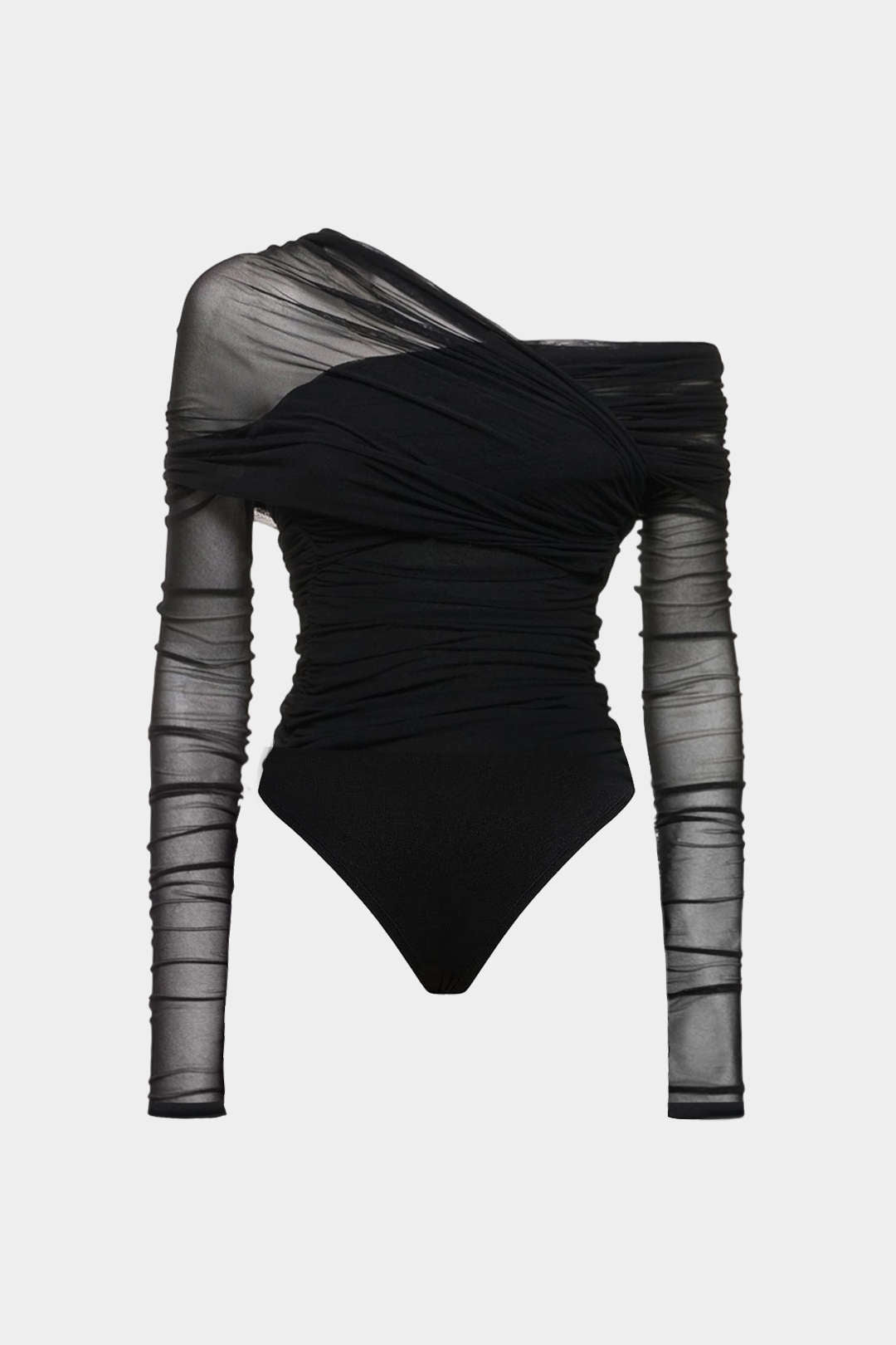 Mesh asymmetrische body met ruches en één schouder